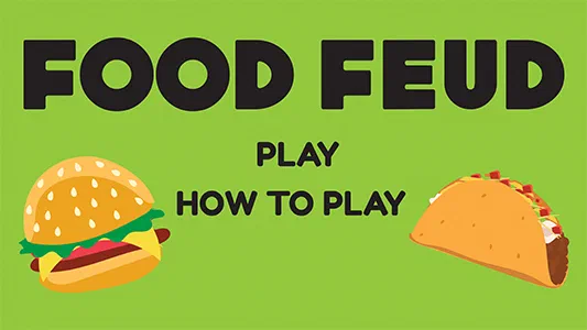 The title screen of the game, showing the two factions, a burger on the left and a taco on the right, in front of a green background. The title 'FOOD FEUD' is displayed on top in large letters, with 'PLAY' and 'HOW TO PLAY' buttons displayed in smaller letters below it