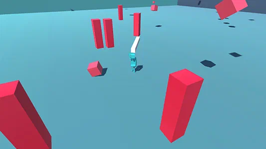 A screenshot taken from the game, showing the blue player character swinging their white box 'sword' over their head, with red box enemies approaching and a defeated enemy falling apart beside them. The level around them is a blue cube