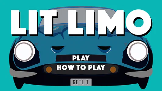 The title screen of the game, showing a head-on view of a car with license plate 'GETLIT' in front of a cyan background. The title 'LIT LIMO' is displayed in large letters on top, with buttons for 'PLAY' and 'HOW TO PLAY' below it
