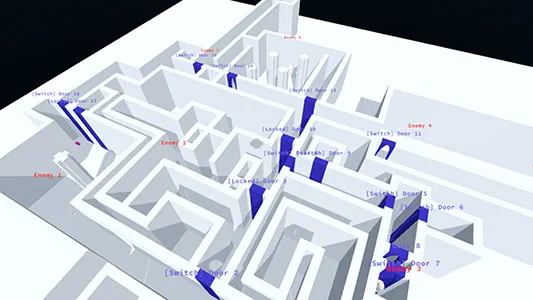 A white 3D labyrinth with blue doors and hovering labels