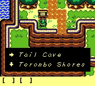 A screenshot of PyZelda, showing Link interacting with a sign showing 'Tail Cave' to the east and 'Toronbo Shores' to the south