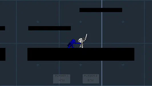 Two characters, one blue, one white, fighting using placeholder graphics. The blue player is attacking the white player, who is recoiling from the damage. Player 1 has 47% damage, and player 2 has 57% damage