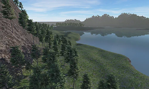 A screenshot of a generated terrain, showing a rocky mountain to the left, sloping down to a flatter grassy plain covered in trees, with a flat, reflective lake to the right, and hazy, tree-covered mountains in the distance