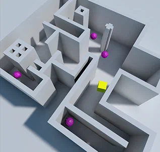 A diagonal top-down screenshot of a 3D maze level made by importing a Tiled tilemap into the Unity game engine via TiledLoader. Purple enemies are placed throughout, along with a yellow player character